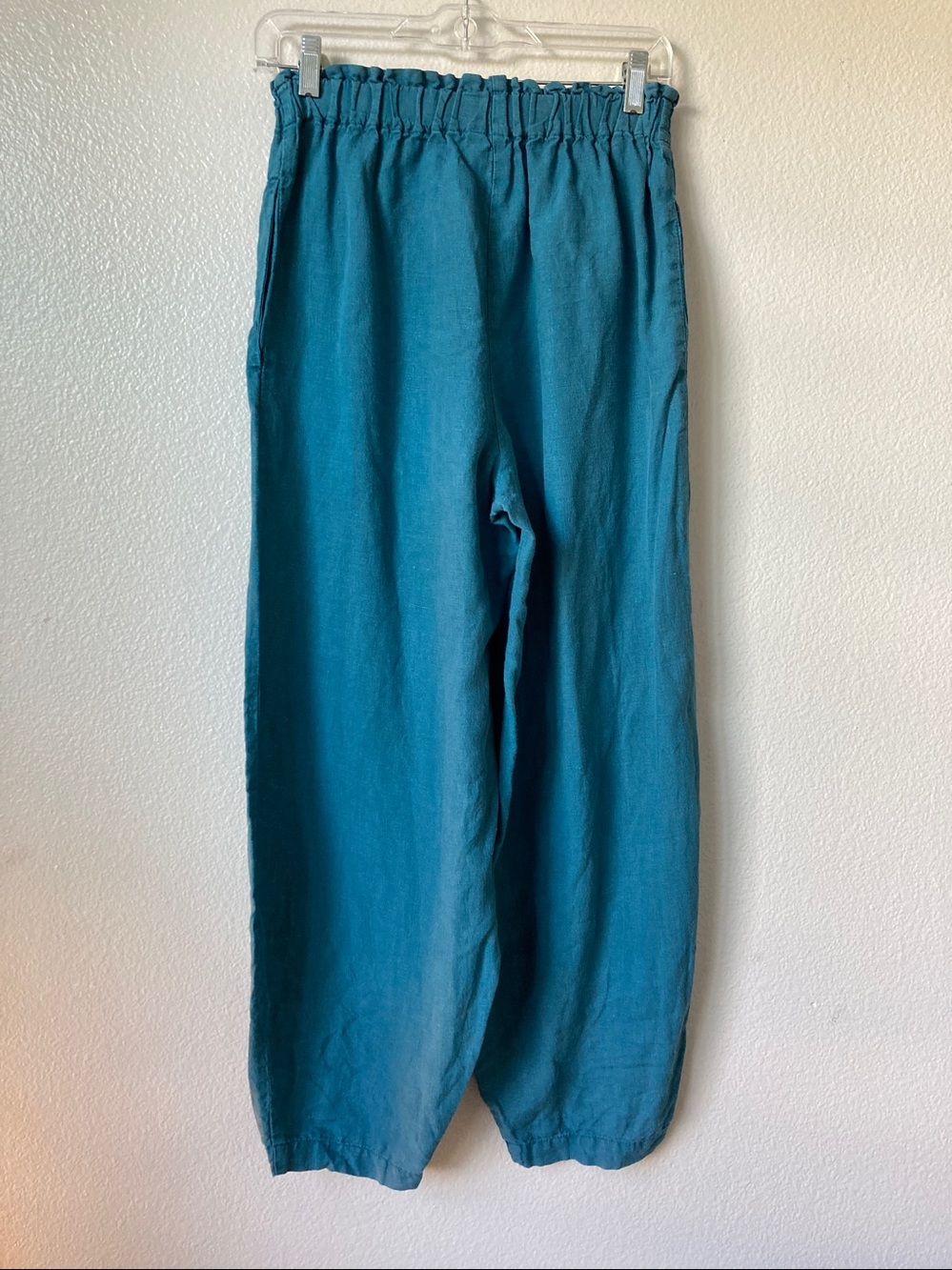 Len.OK 100% Organic Linen Lantern Hem Wide Leg Loose Fit Teal Pant Balloon sz S - Picture 4 of 5